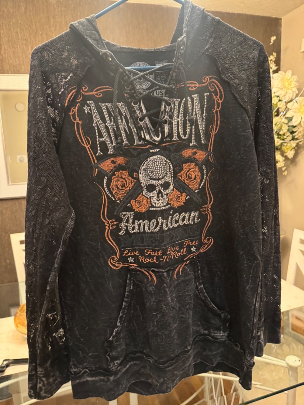 Affliction Black Lace-Up Skull & Rose Graphic Top with Orange Accents - Picture 2 of 6
